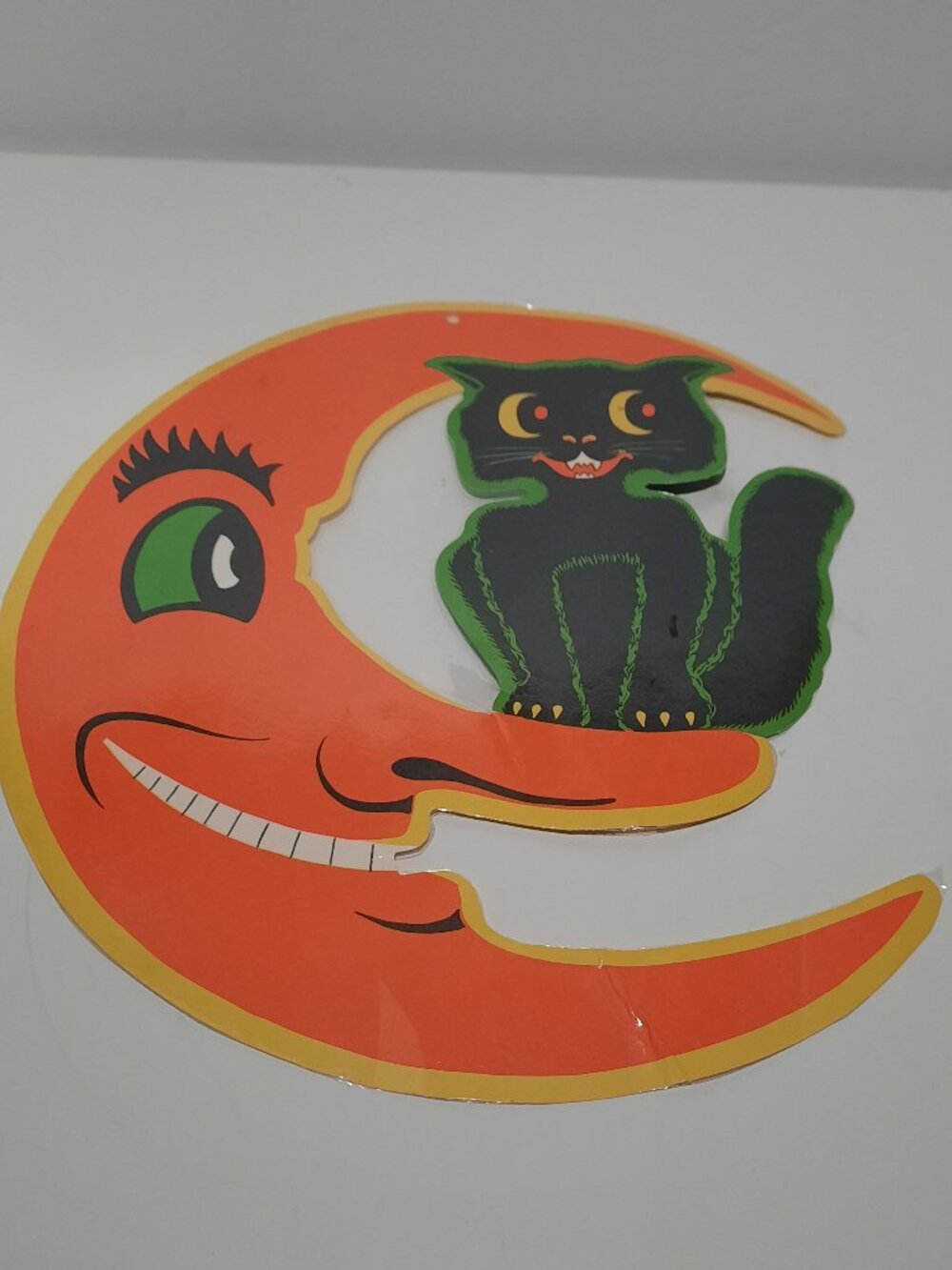 Vintage Beistle Halloween Black Cat Crescent Moon Die Cut Laminated USA
